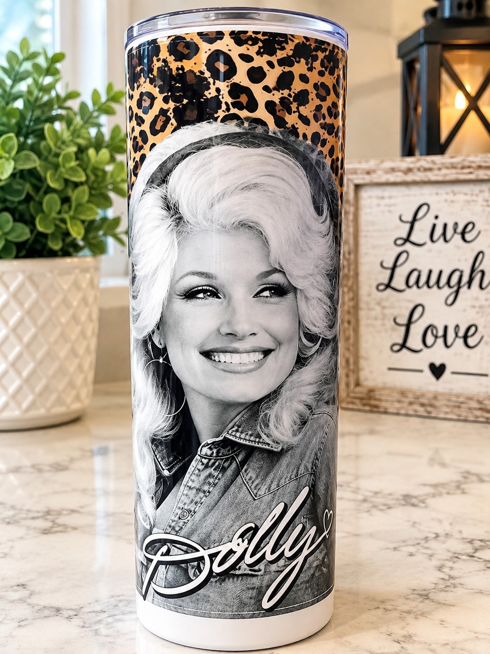 Dolly Signature Leopard Print Stainless Tumbler β Black & Tan